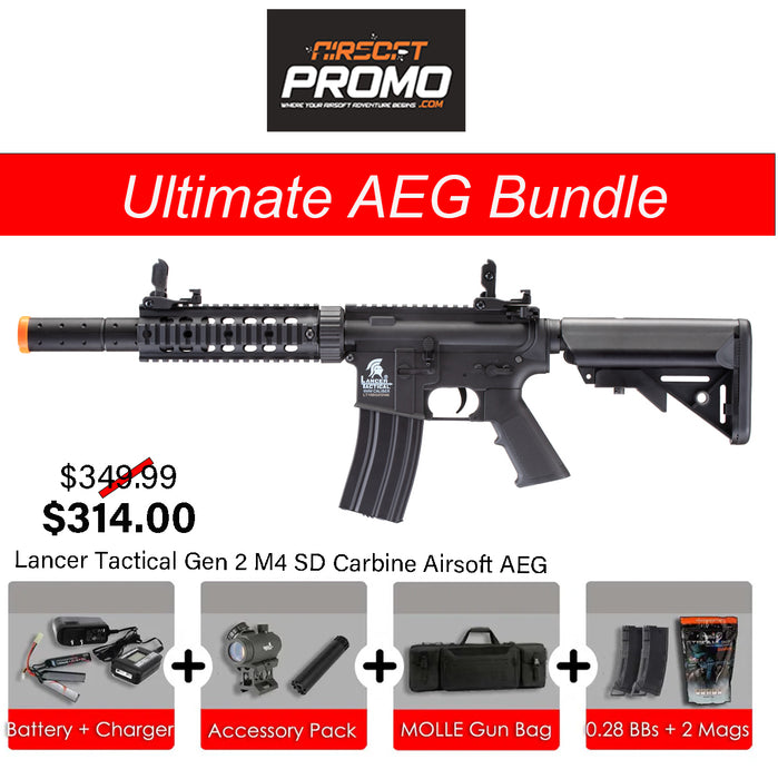 Ultimate AEG Bundle - Lancer Tactical Gen 2 M4 SD Carbine Airsoft AEG Rifle Bundle Kit - Black