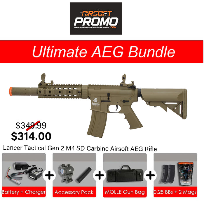 Ultimate AEG Bundle - Lancer Tactical Gen 2 M4 SD Carbine Airsoft AEG Rifle Tan AEG Bundle Kit