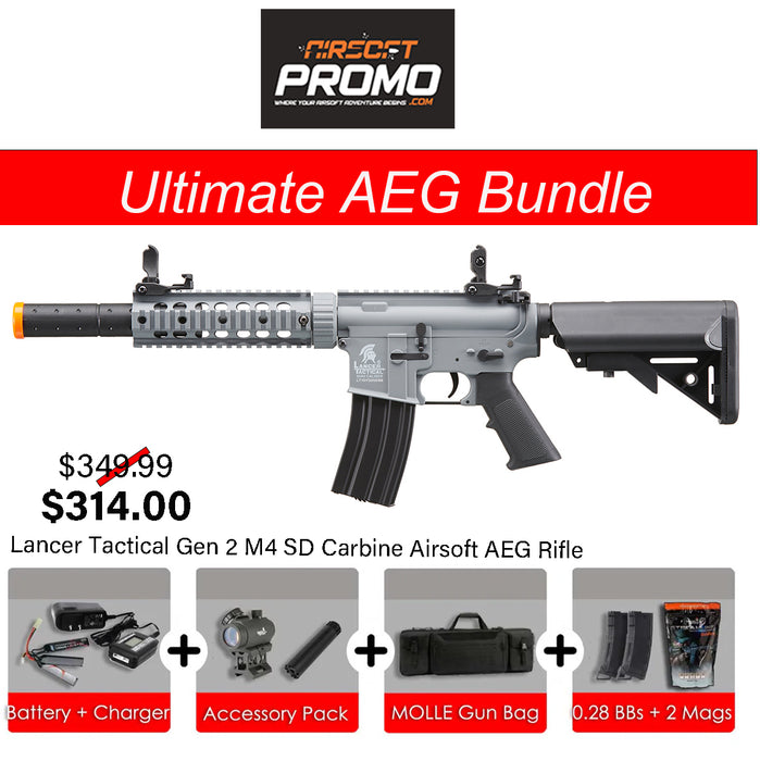 Ultimate AEG Bundle - Lancer Tactical Gen 2 M4 SD Carbine Airsoft AEG Rifle Gray Bundle Kit