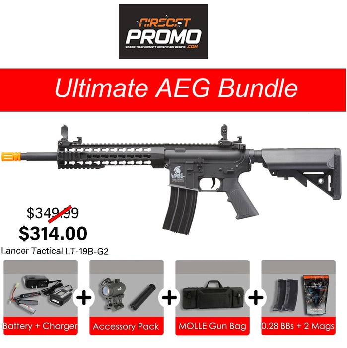 Ultimate AEG Bundle - Lancer Tactical Gen 2 10" Keymod M4 Carbine Airsoft AEG Rifle  Black AEG Bundle Kit