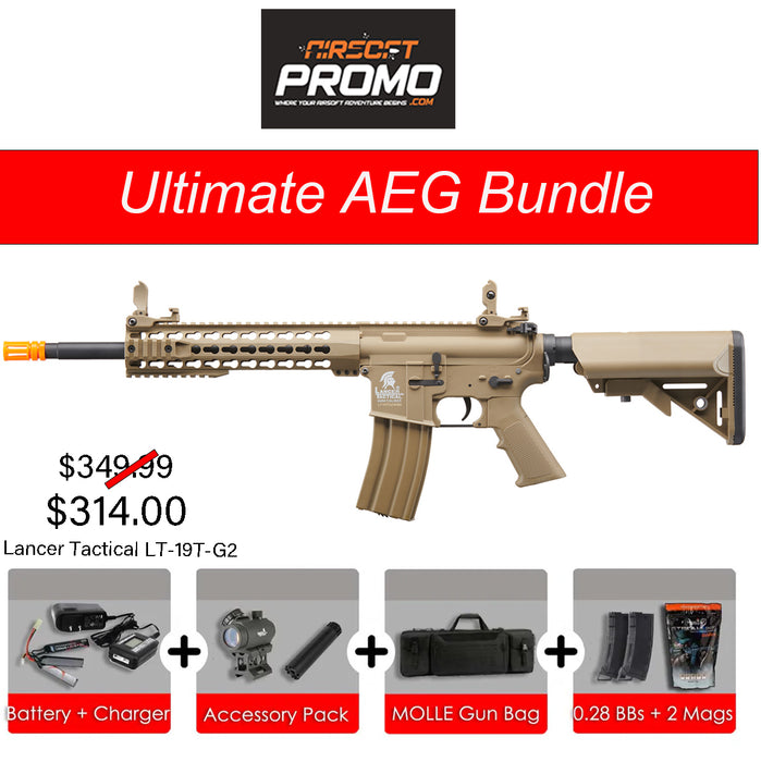 Ultimate AEG Bundle - Lancer Tactical Gen 2 10" Keymod M4 Carbine Airsoft AEG Rifle Tan AEG Bundle Kit