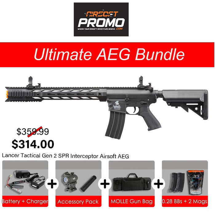 Ultimate AEG Bundle - Lancer Tactical Gen 2 M4 SPR Interceptor Airsoft AEG Rifle Black AEG Bundle Kit