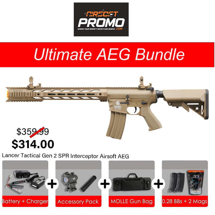 Ultimate AEG Bundle - Lancer Tactical Gen 2 M4 SPR Interceptor Airsoft AEG Rifle Tan Color AEG Bundle Kit