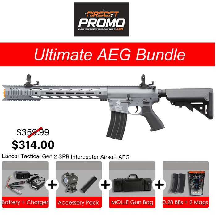 Ultimate AEG Bundle - Lancer Tactical Gen 2 M4 SPR Interceptor Airsoft AEG Rifle Gray Color AEG Bundle Kit