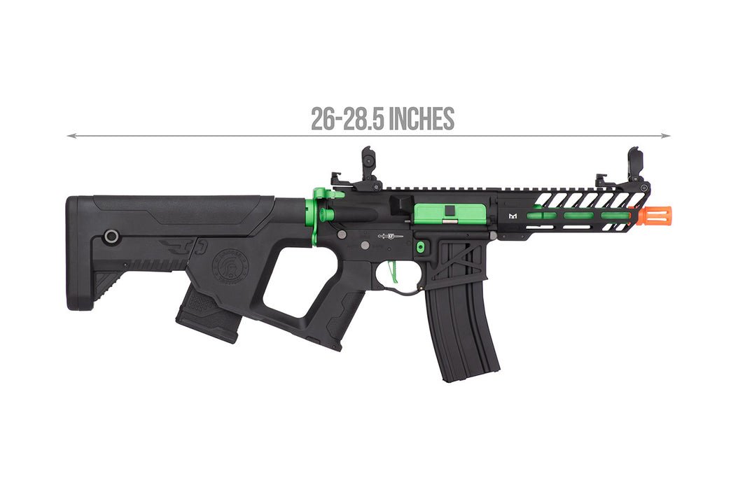 Lancer Tactical Enforcer NEEDLETAIL Skeleton AEG with Alpha Stock, in striking Black/Green. Designed for low FPS, ideal for safe indoor airsoft challenges and tactical training.