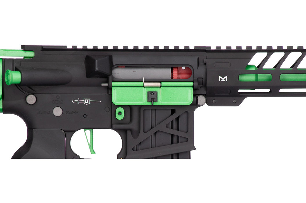 Lancer Tactical Enforcer NEEDLETAIL Skeleton AEG with Alpha Stock, in striking Black/Green. Designed for low FPS, ideal for safe indoor airsoft challenges and tactical training.