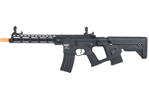 Lancer Tactical Enforcer BLACKBIRD AEG Rifle with Alpha Stock in sleek black, tailored for low FPS. Ideal for safe indoor play, offering excellent control and tactical adaptability.