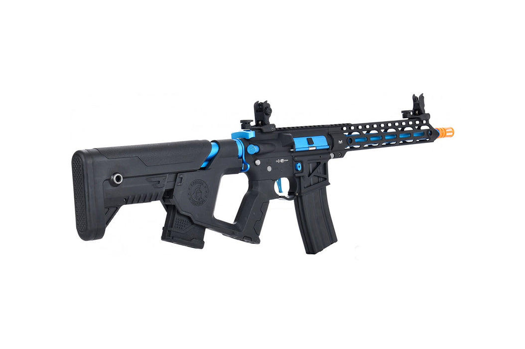 Lancer Tactical Enforcer BLACKBIRD Skeleton AEG with Alpha Stock in sleek Black/Blue, optimized for low FPS. Ideal for indoor gameplay, offering both style and practicality.