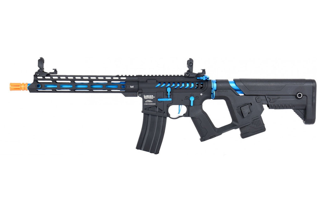 Lancer Tactical Enforcer BLACKBIRD Skeleton AEG with Alpha Stock in sleek Black/Blue, optimized for low FPS. Ideal for indoor gameplay, offering both style and practicality.