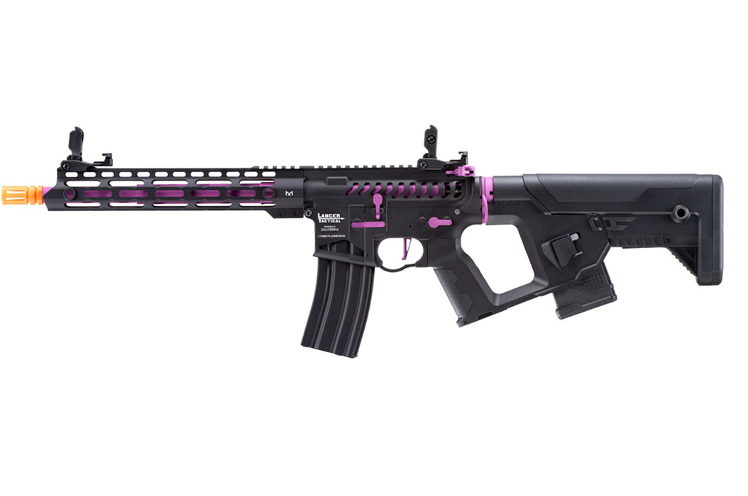 Lancer Tactical Enforcer Blackbird Skeleton AEG Rifle with Alpha Stock, in a dynamic Black & Purple color. Designed for agility and style in competitive airsoft play.