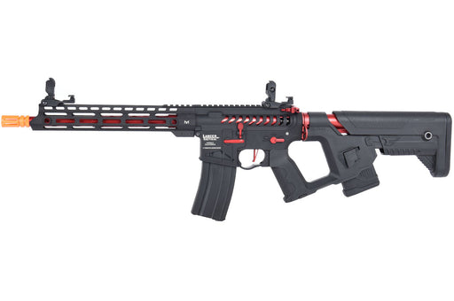 Lancer Tactical Enforcer BLACKBIRD Skeleton AEG with Alpha Stock in bold Black/Red, designed for high FPS and enhanced maneuverability. Perfect for players seeking a visually striking and high-performance airsoft rifle.