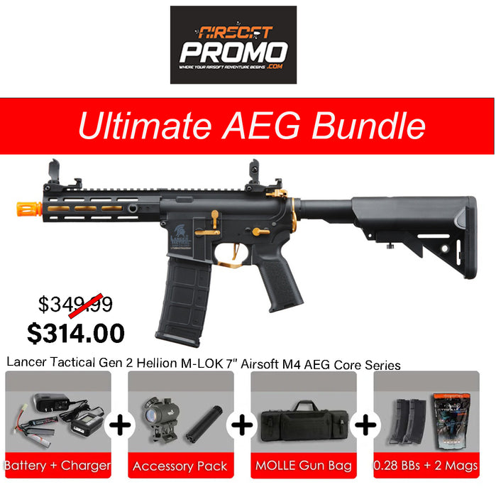 Ultimate AEG Bundle - Lancer Tactical Gen 2 Hellion M-LOK 7" Airsoft M4 AEG Core Series Black/Gold AEG Bundle Kit