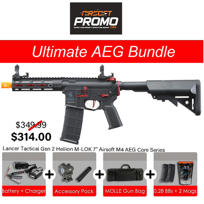 Ultimate AEG Bundle - Lancer Tactical Gen 2 Hellion M-LOK 7" Airsoft M4 AEG Core Series Black/Red AEG Bundle Kit