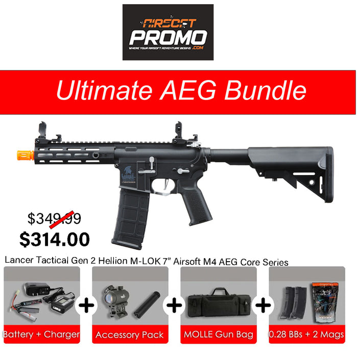 Ultimate AEG Bundle - Lancer Tactical Gen 2 Hellion M-LOK 7" Airsoft M4 AEG Core Series Black AEG Bundle Kit