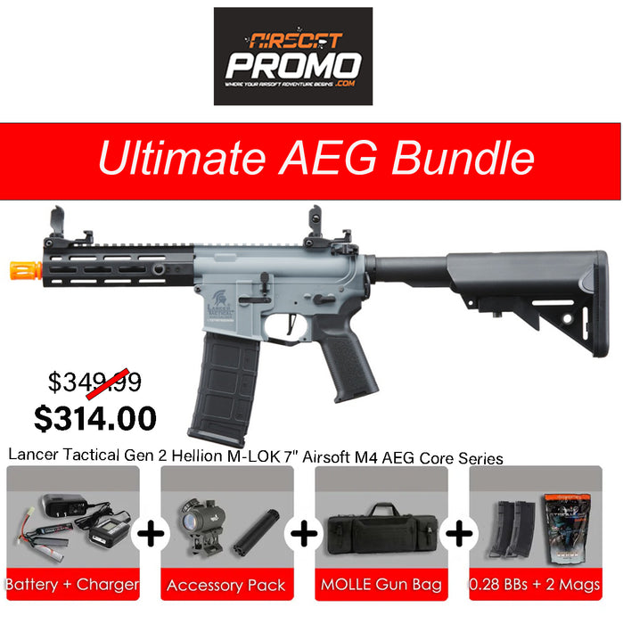 Ultimate AEG Bundle - Lancer Tactical Gen 2 Hellion M-LOK 7" Airsoft M4 AEG Core Series Black/Gray AEG Bundle Kit