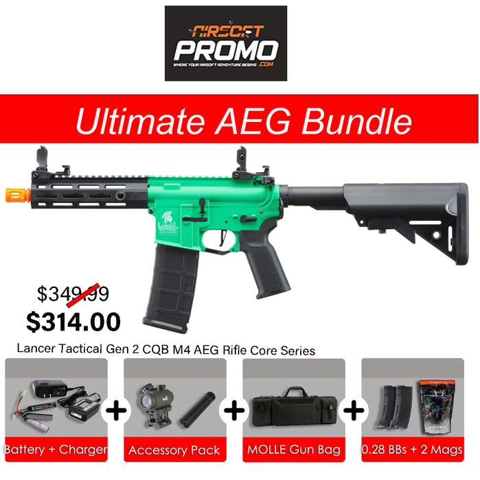 Ultimate AEG Bundle - Lancer Tactical Gen 2 CQB M4 AEG Rifle Core Series - Black/Green AEG Bundle Kit