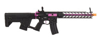 Lancer Tactical Enforcer Night Wing AEG with Alpha Stock, featuring high FPS, in striking Black and Purple. Designed for precision and standout aesthetics in airsoft sports.