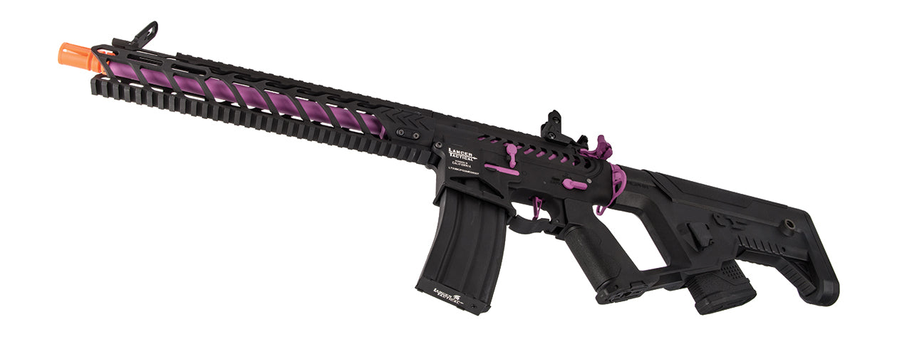 Lancer Tactical Enforcer Night Wing AEG with Alpha Stock, featuring high FPS, in striking Black and Purple. Designed for precision and standout aesthetics in airsoft sports.