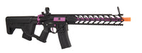 Lancer Tactical Enforcer Night Wing AEG with Alpha Stock, featuring high FPS, in striking Black and Purple. Designed for precision and standout aesthetics in airsoft sports.