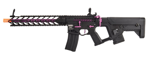 Lancer Tactical Enforcer Night Wing AEG with Alpha Stock, featuring high FPS, in striking Black and Purple. Designed for precision and standout aesthetics in airsoft sports.