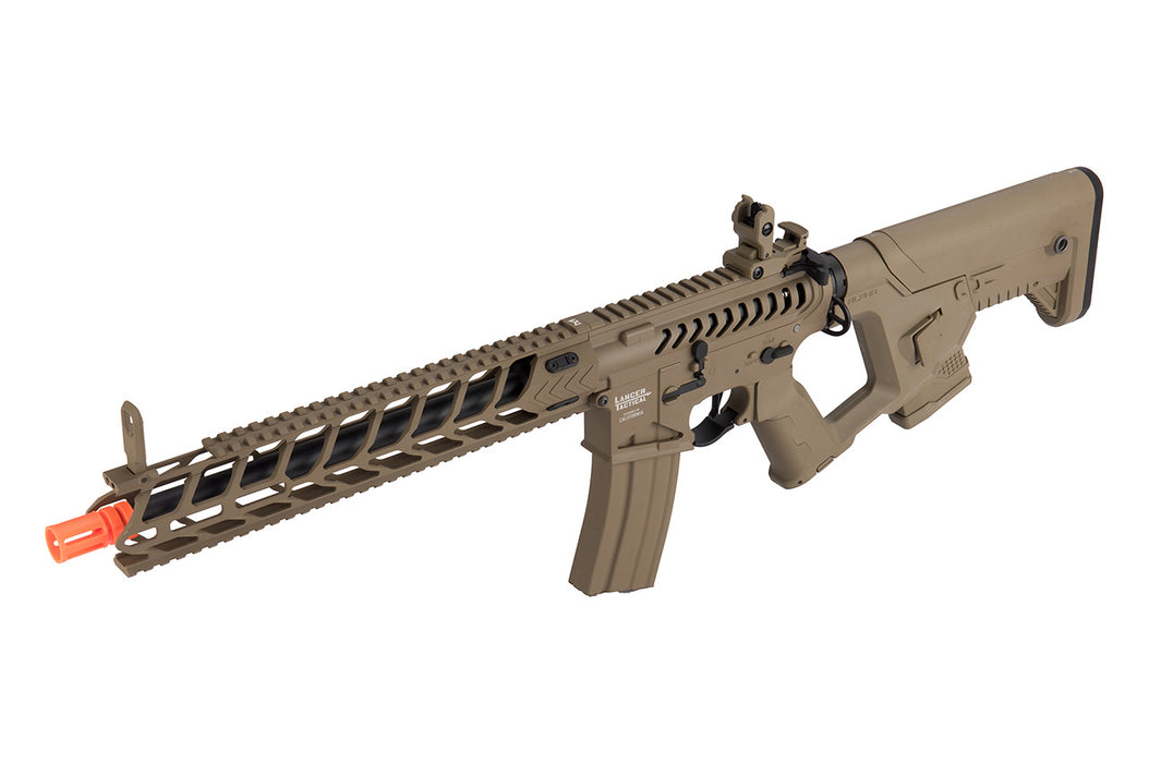 Zoomed-in image highlighting the tactical tan finish and design intricacies of the Lancer Tactical NIGHT WING Skeleton AEG.