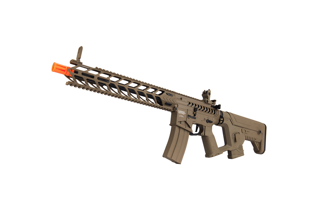 Action shot of the Lancer Tactical Enforcer NIGHT WING Skeleton AEG in tan, showcasing its effectiveness in airsoft combat.