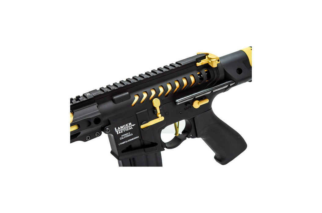 Lancer Tactical Enforcer Gen 2 Battle Hawk 4-inch PDW AEG, featured in Black/Gold. Designed for optimal agility and tactical advantage, perfect for high-stakes airsoft battles.