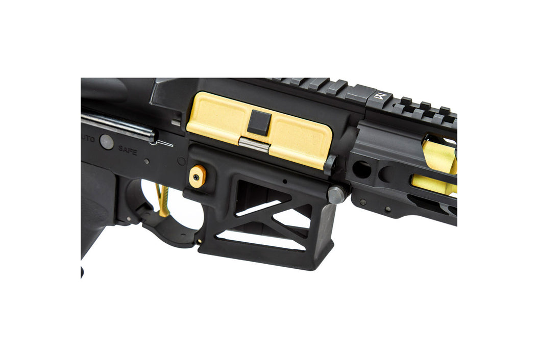 Lancer Tactical Enforcer Gen 2 Battle Hawk 4-inch PDW AEG, featured in Black/Gold. Designed for optimal agility and tactical advantage, perfect for high-stakes airsoft battles.