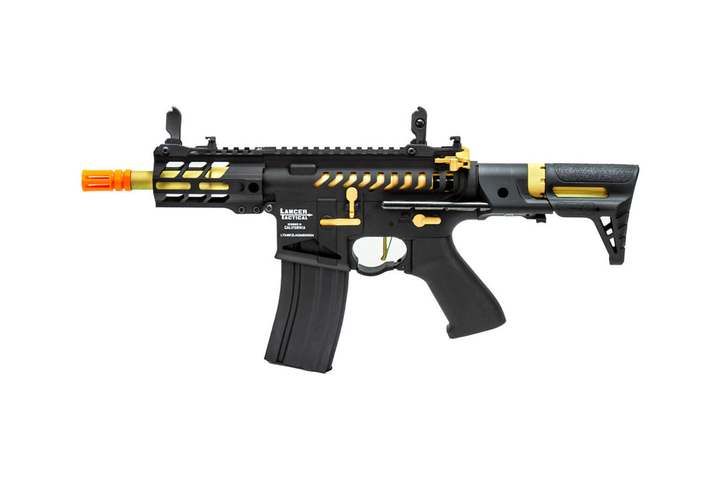 Lancer Tactical Enforcer Gen 2 Battle Hawk 4-inch PDW AEG, featured in Black/Gold. Designed for optimal agility and tactical advantage, perfect for high-stakes airsoft battles.