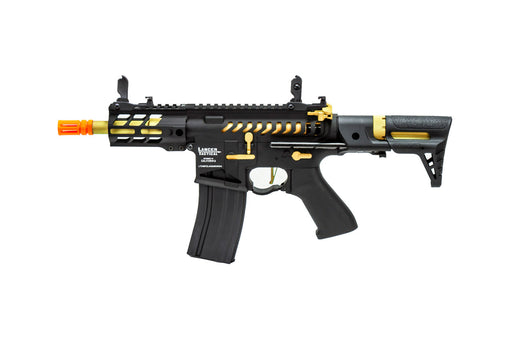 Lancer Tactical Enforcer Gen 2 Battle Hawk 4-inch PDW AEG, featured in Black/Gold. Designed for optimal agility and tactical advantage, perfect for high-stakes airsoft battles.