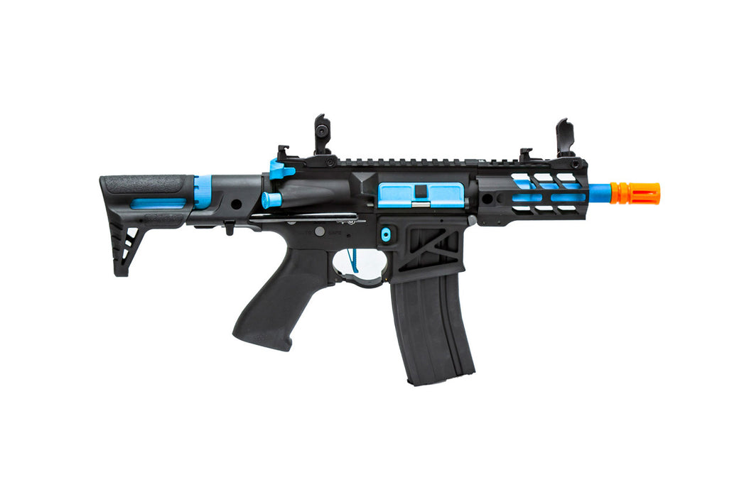 Lancer Tactical Enforcer Gen 2 Battle Hawk 4-inch PDW AEG in a dynamic Black/Blue finish. Compact and designed for quick action, ideal for precise and fast-paced airsoft engagements