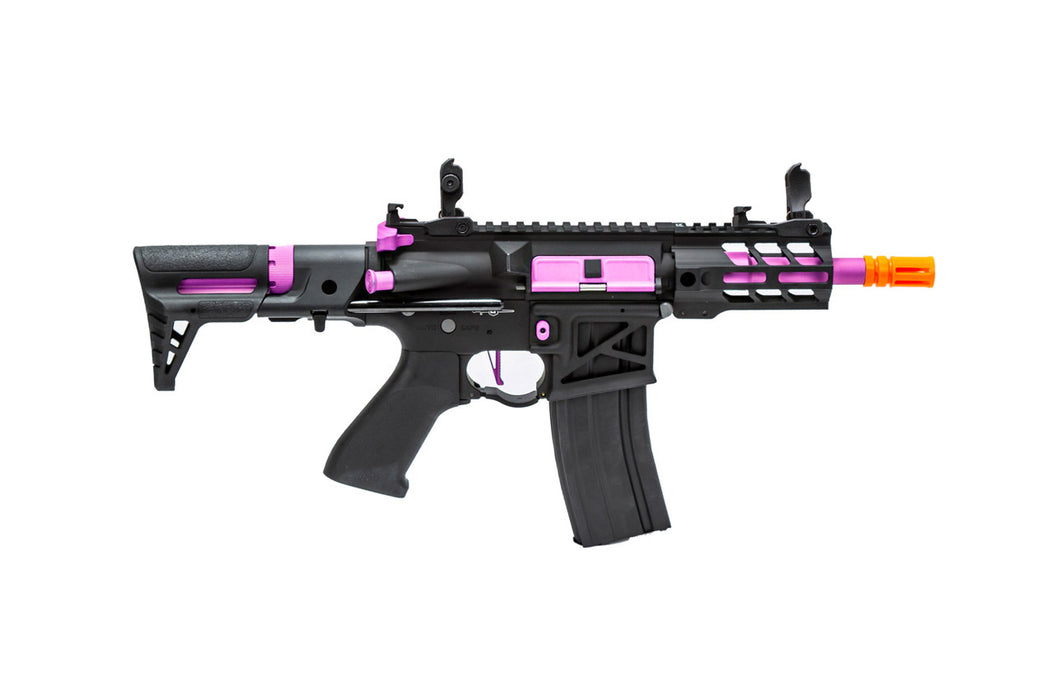 Lancer Tactical Enforcer Gen 2 Battle Hawk 4-inch PDW AEG in stylish Black/Purple. Designed for quick action and close combat, ideal for players seeking both functionality and flair.