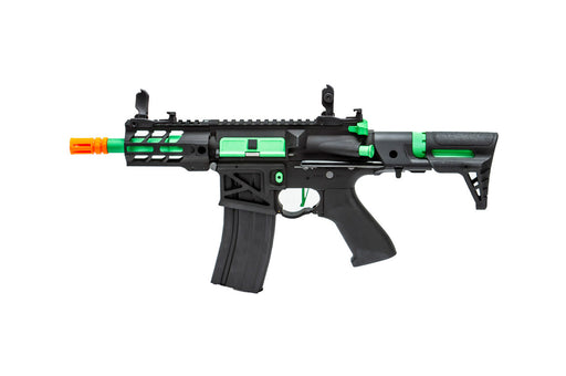 Lancer Tactical Enforcer Series Battle Hawk 4 inch PDW AEG in Black and Green, front view