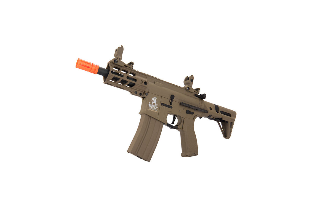 Lancer Tactical Enforcer Hybrid Gen 2 Battle Hawk 4-inch PDW AEG in Tan, designed for low FPS. Perfect for safe indoor airsoft games, offering enhanced control and tactical agility.