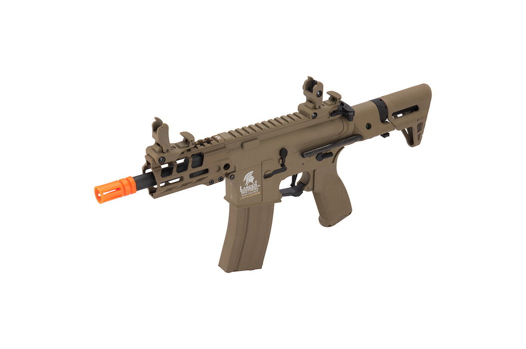 Lancer Tactical Enforcer Hybrid Gen 2 Battle Hawk 4-inch PDW AEG in Tan, designed for low FPS. Perfect for safe indoor airsoft games, offering enhanced control and tactical agility.