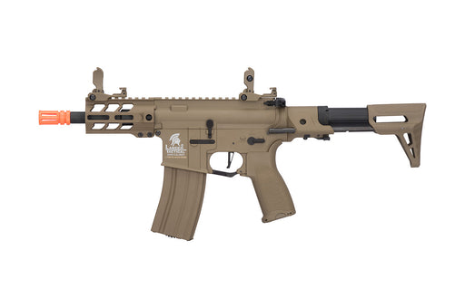 Lancer Tactical Enforcer Hybrid Gen 2 Battle Hawk 4-inch PDW AEG in Tan, designed for low FPS. Perfect for safe indoor airsoft games, offering enhanced control and tactical agility.