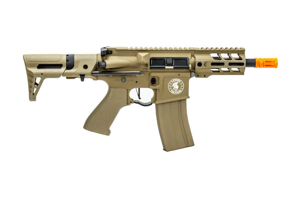 Lancer Tactical Enforcer Gen 2 Battle Hawk 4-inch PDW AEG in tactical Tan. Built for fast-paced airsoft battles, it combines a compact form with high maneuverability and durability.