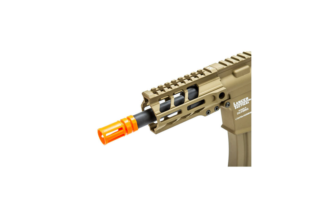 Lancer Tactical Enforcer Gen 2 Battle Hawk 4-inch PDW AEG in tactical Tan. Built for fast-paced airsoft battles, it combines a compact form with high maneuverability and durability.