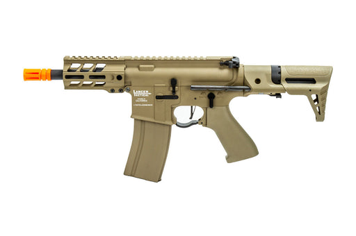 Lancer Tactical Enforcer Gen 2 Battle Hawk 4-inch PDW AEG in tactical Tan. Built for fast-paced airsoft battles, it combines a compact form with high maneuverability and durability.